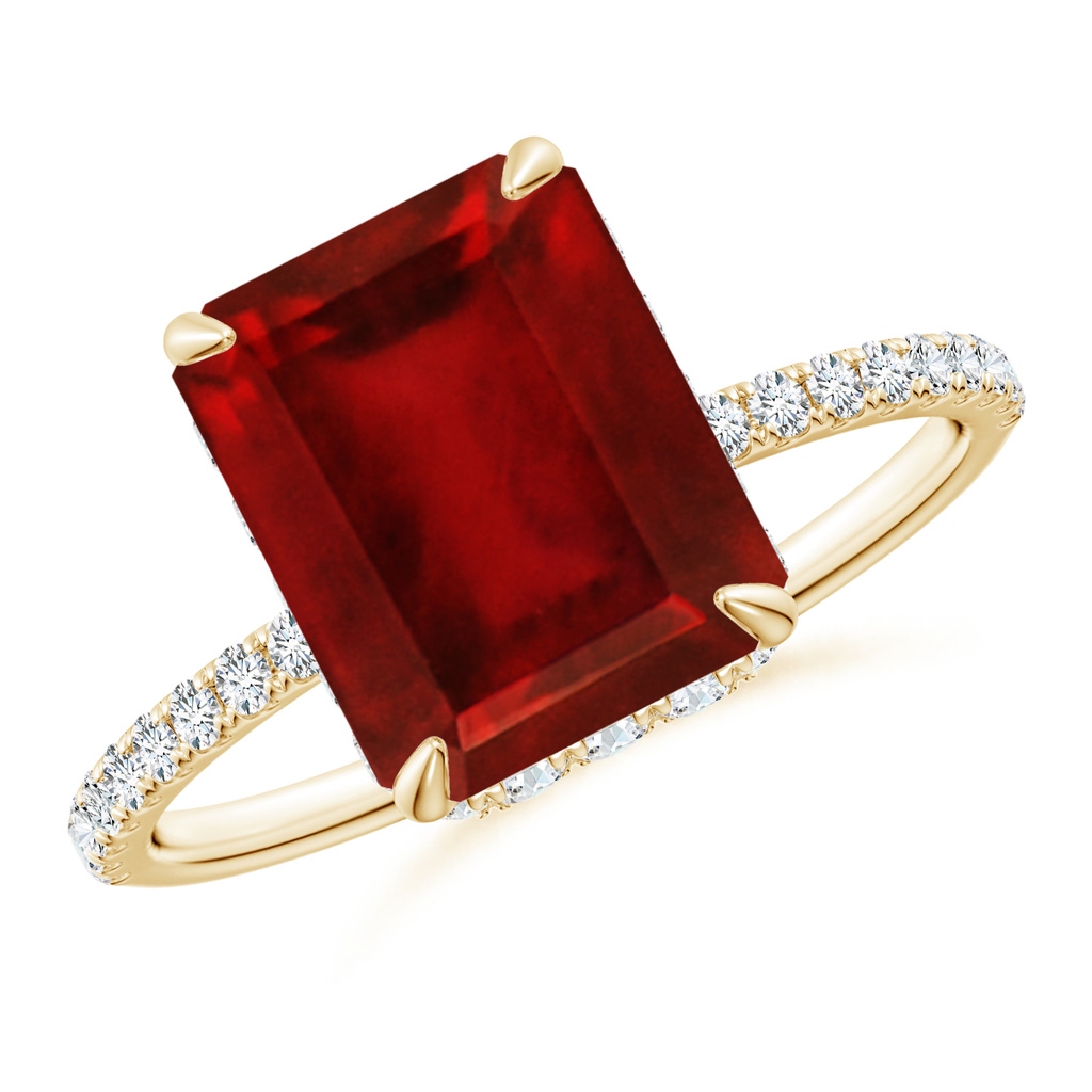 10x8mm AAAA Emerald-Cut Ruby Hidden Halo Classic Engagement Ring in Yellow Gold