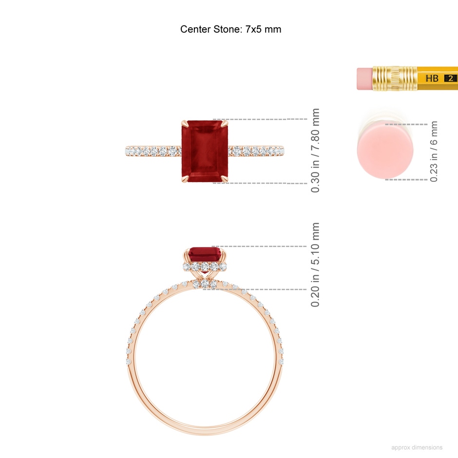 7x5mm AA Emerald-Cut Ruby Hidden Halo Classic Engagement Ring in Rose Gold ruler
