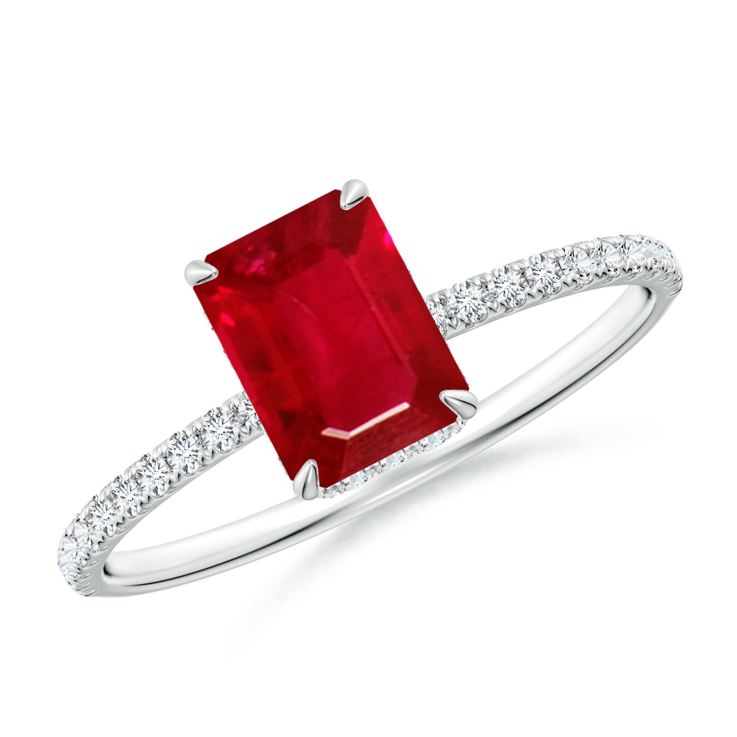 7x5mm AAA Emerald-Cut Ruby Hidden Halo Classic Engagement Ring in 18K White Gold
