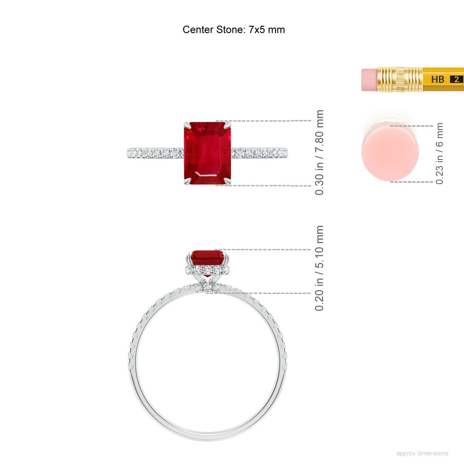 7x5mm AAA Emerald-Cut Ruby Hidden Halo Classic Engagement Ring in White Gold ruler