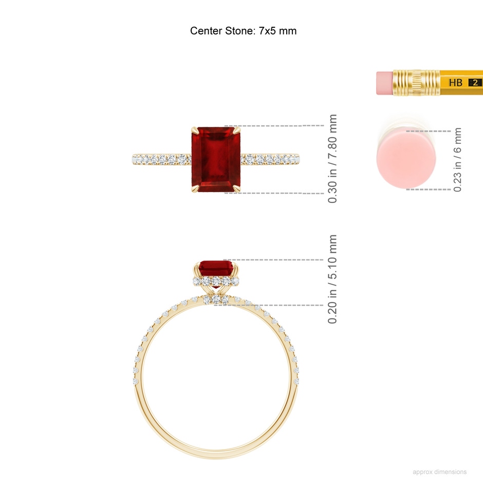 7x5mm AAAA Emerald-Cut Ruby Hidden Halo Classic Engagement Ring in Yellow Gold ruler