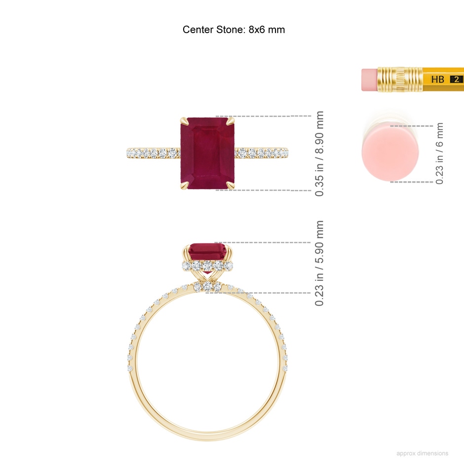 8x6mm A Emerald-Cut Ruby Hidden Halo Classic Engagement Ring in Yellow Gold ruler