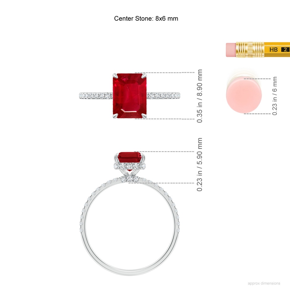 8x6mm AAA Emerald-Cut Ruby Hidden Halo Classic Engagement Ring in P950 Platinum ruler