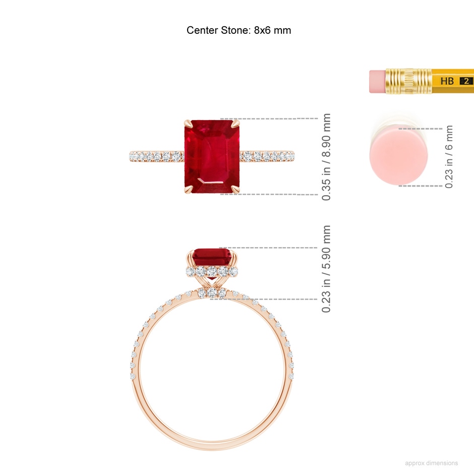 8x6mm AAA Emerald-Cut Ruby Hidden Halo Classic Engagement Ring in Rose Gold ruler