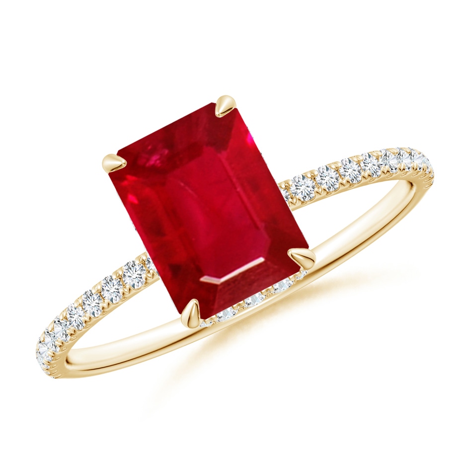 8x6mm AAA Emerald-Cut Ruby Hidden Halo Classic Engagement Ring in Yellow Gold 