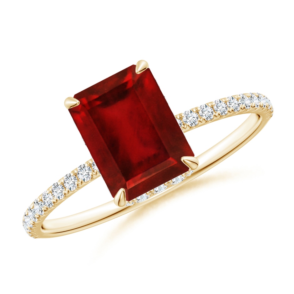 8x6mm AAAA Emerald-Cut Ruby Hidden Halo Classic Engagement Ring in Yellow Gold 