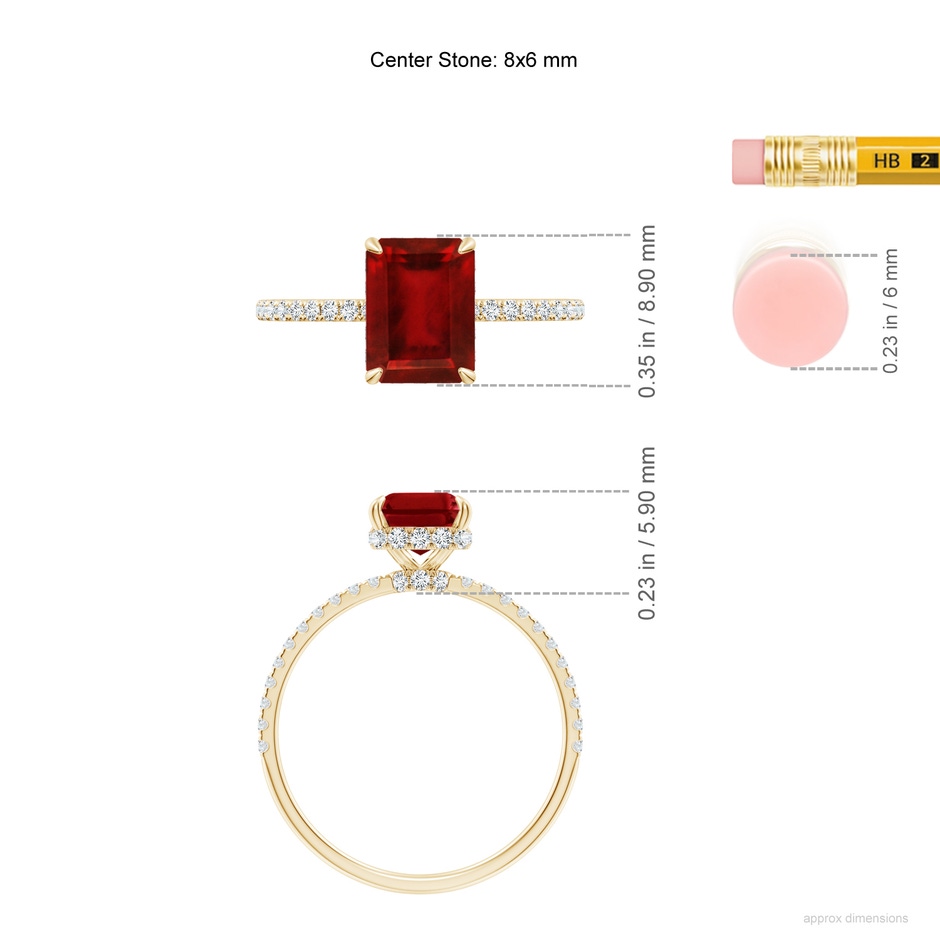 8x6mm AAAA Emerald-Cut Ruby Hidden Halo Classic Engagement Ring in Yellow Gold ruler