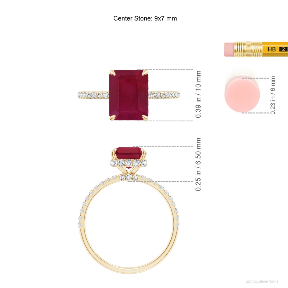 9x7mm A Emerald-Cut Ruby Hidden Halo Classic Engagement Ring in Yellow Gold ruler