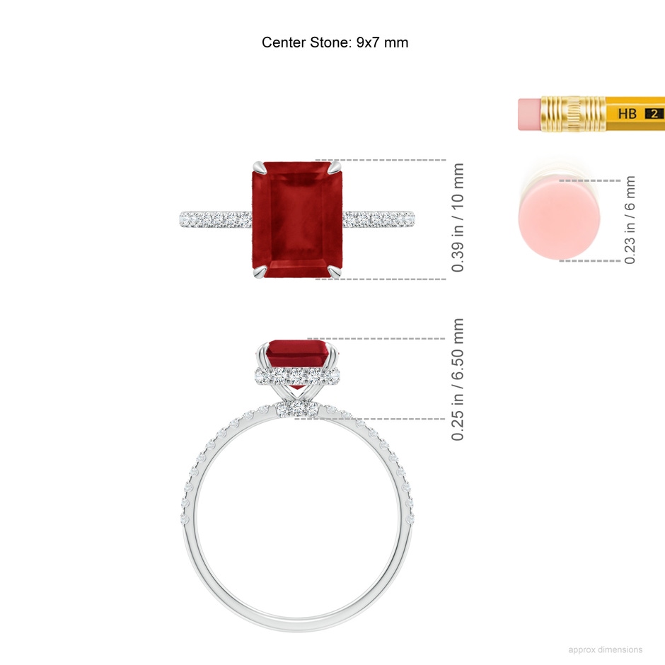9x7mm AA Emerald-Cut Ruby Hidden Halo Classic Engagement Ring in P950 Platinum ruler