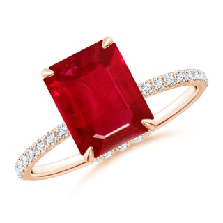 9x7mm AAA Emerald-Cut Ruby Hidden Halo Classic Engagement Ring in 18K Rose Gold