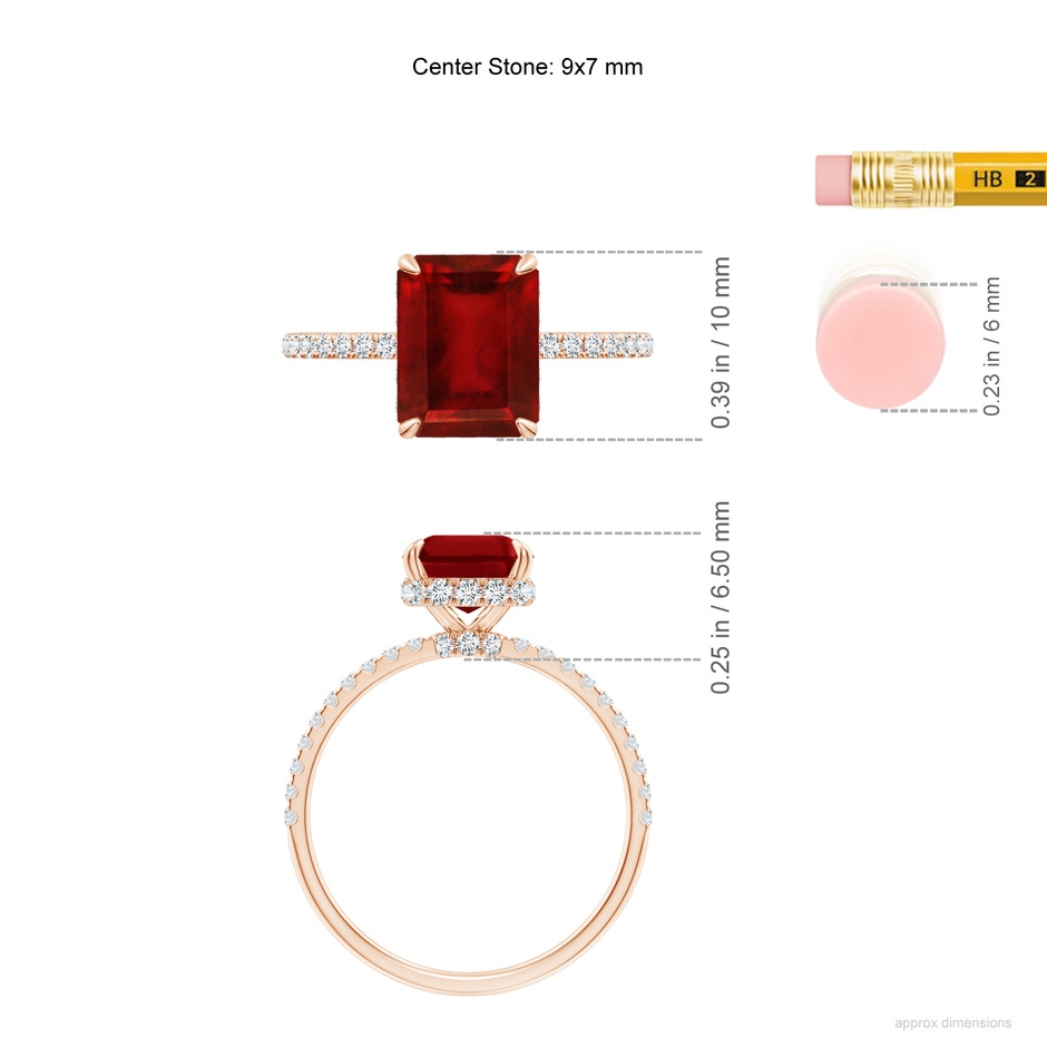 9x7mm AAAA Emerald-Cut Ruby Hidden Halo Classic Engagement Ring in Rose Gold ruler