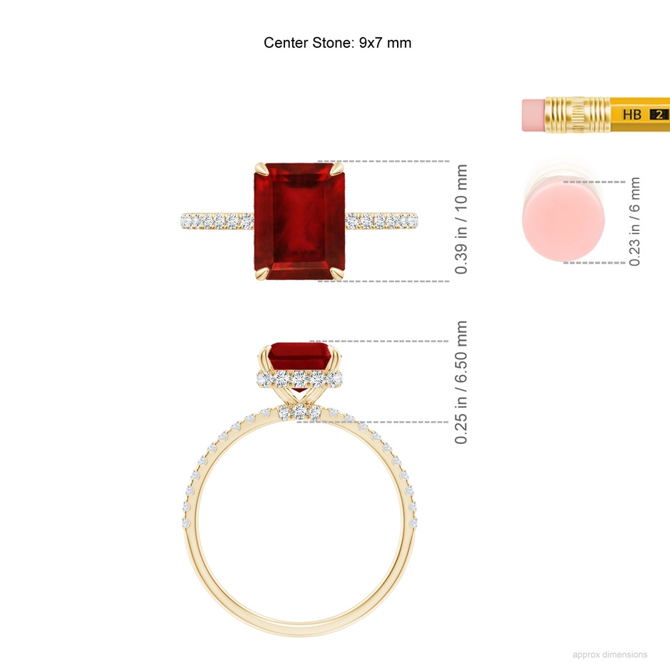 9x7mm AAAA Emerald-Cut Ruby Hidden Halo Classic Engagement Ring in Yellow Gold ruler