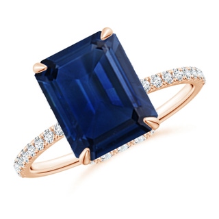 10x8mm AAA Emerald-Cut Blue Sapphire Hidden Halo Classic Engagement Ring in 9K Rose Gold