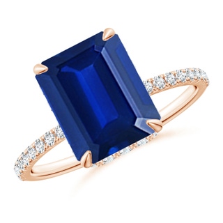 10x8mm AAAA Emerald-Cut Blue Sapphire Hidden Halo Classic Engagement Ring in Rose Gold