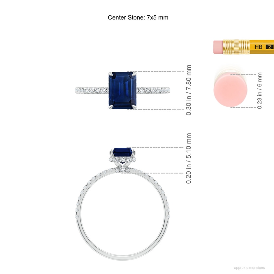 7x5mm AAA Emerald-Cut Blue Sapphire Hidden Halo Classic Engagement Ring in White Gold ruler