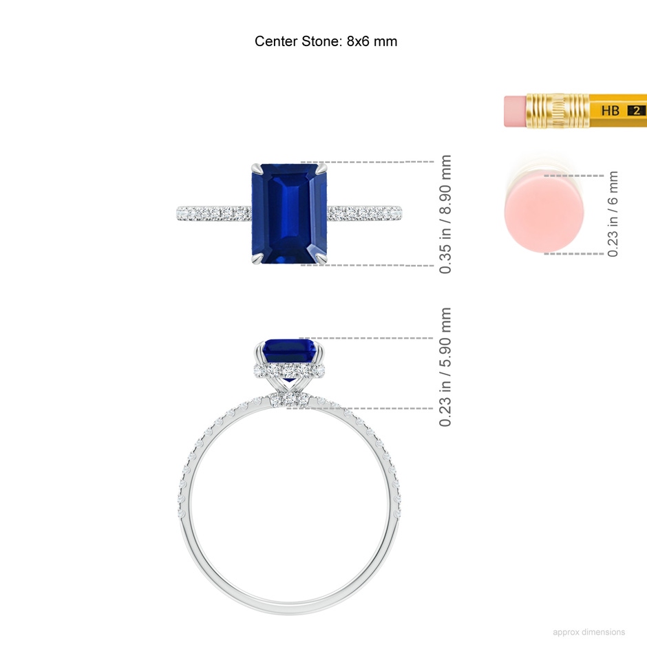 8x6mm Lab-Grown Emerald-Cut Blue Sapphire Hidden Halo Classic Engagement Ring in White Gold ruler