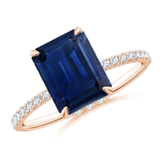 9x7mm AAA Emerald-Cut Blue Sapphire Hidden Halo Classic Engagement Ring in 9K Rose Gold