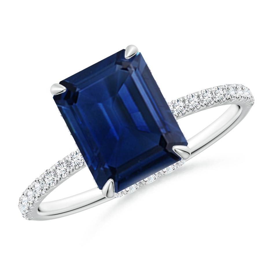 9x7mm AAA Emerald-Cut Blue Sapphire Hidden Halo Classic Engagement Ring in White Gold 