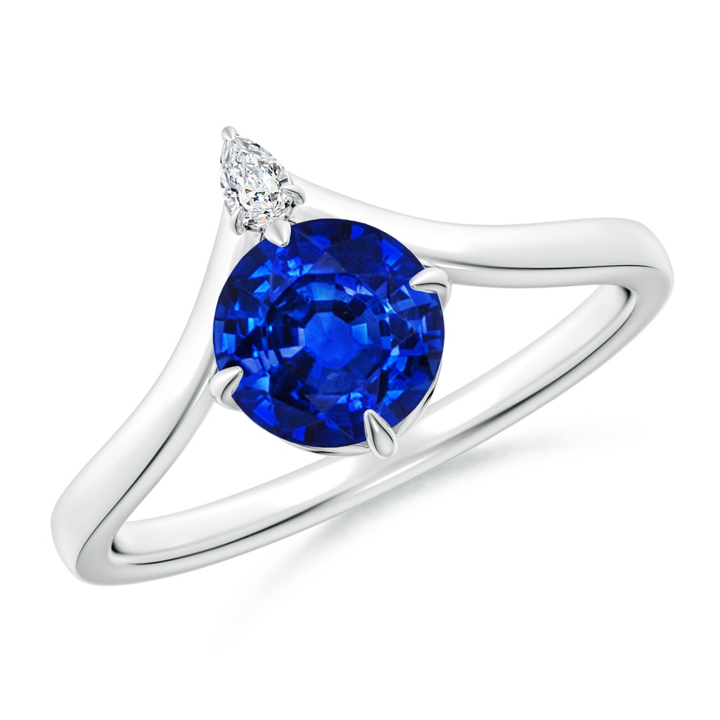 6.5mm Lab-Grown Prong-Set Round Blue Sapphire Chevron Engagement Ring in White Gold