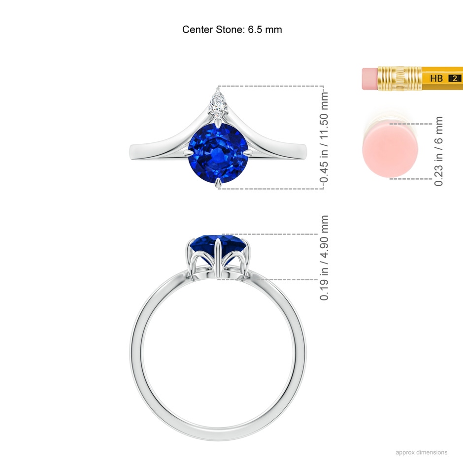 6.5mm Lab-Grown Prong-Set Round Blue Sapphire Chevron Engagement Ring in White Gold ruler