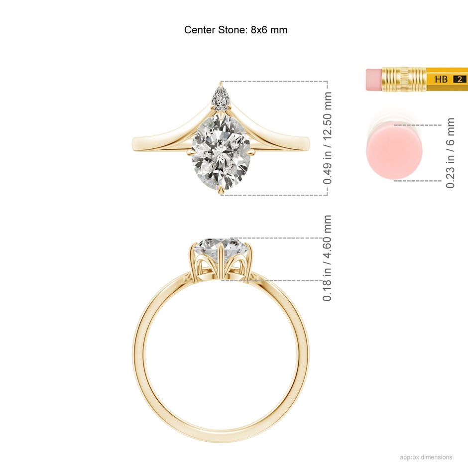 8x6mm KI3 Prong-Set Oval Diamond Chevron Engagement Ring in Yellow Gold ruler