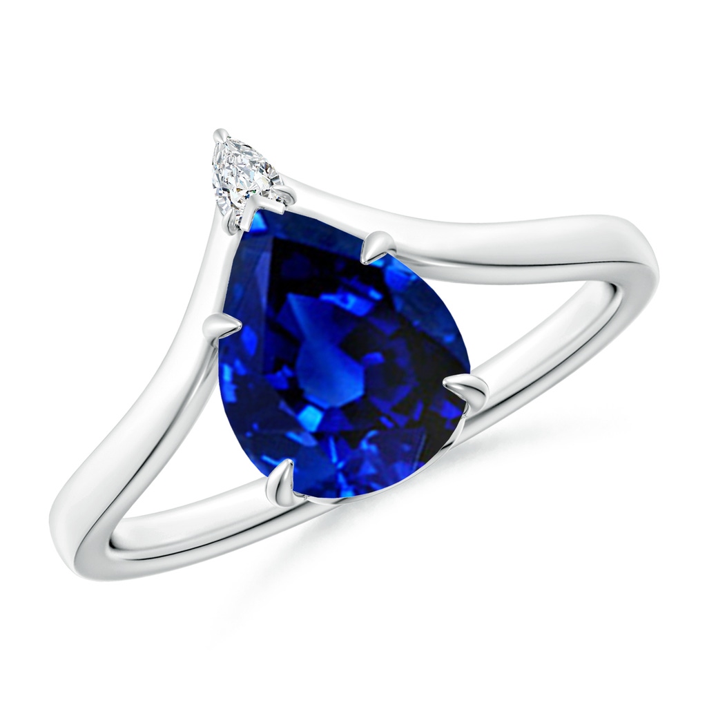 9x7mm Lab-Grown Prong-Set Pear Blue Sapphire Chevron Engagement Ring in White Gold