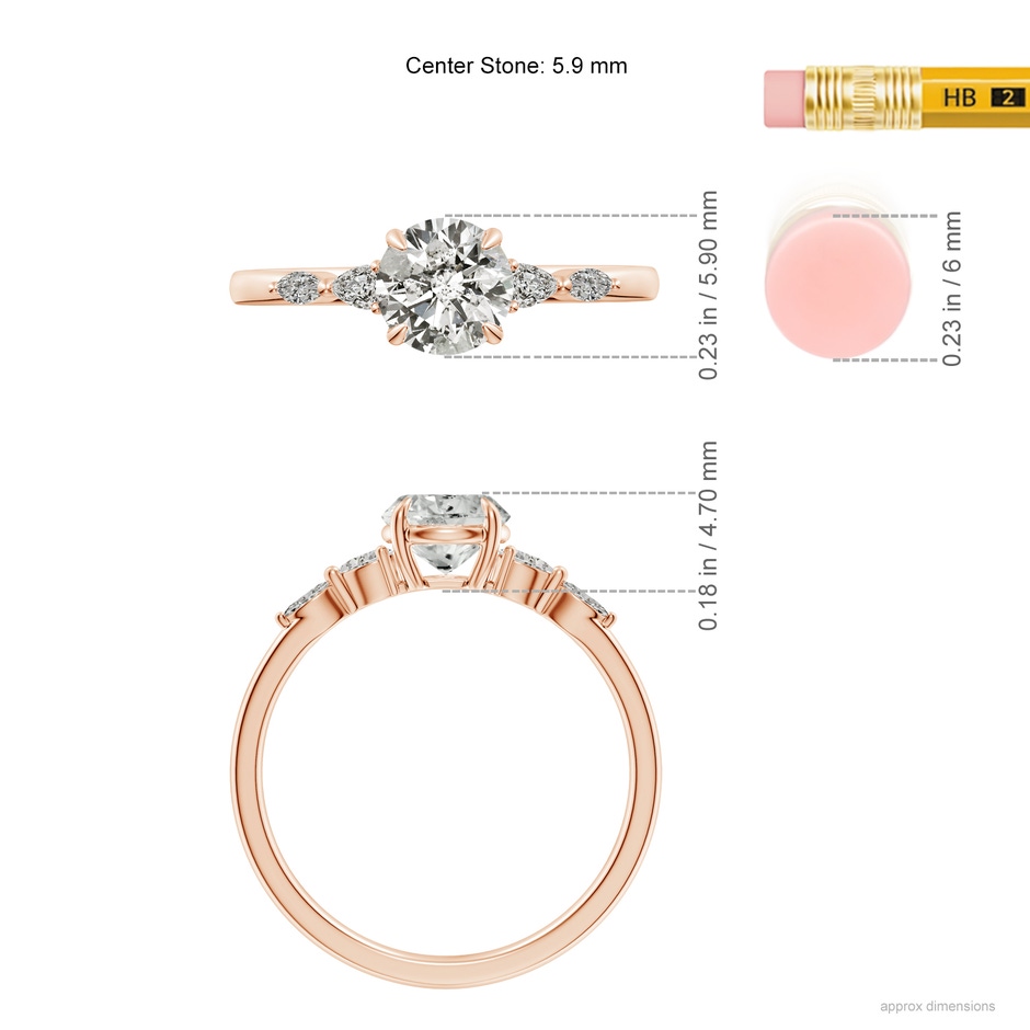 5.9mm KI3 Round Diamond Side Stone Engagement Ring in Rose Gold ruler