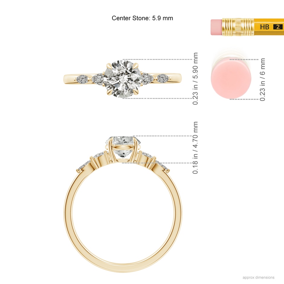 5.9mm KI3 Round Diamond Side Stone Engagement Ring in Yellow Gold ruler