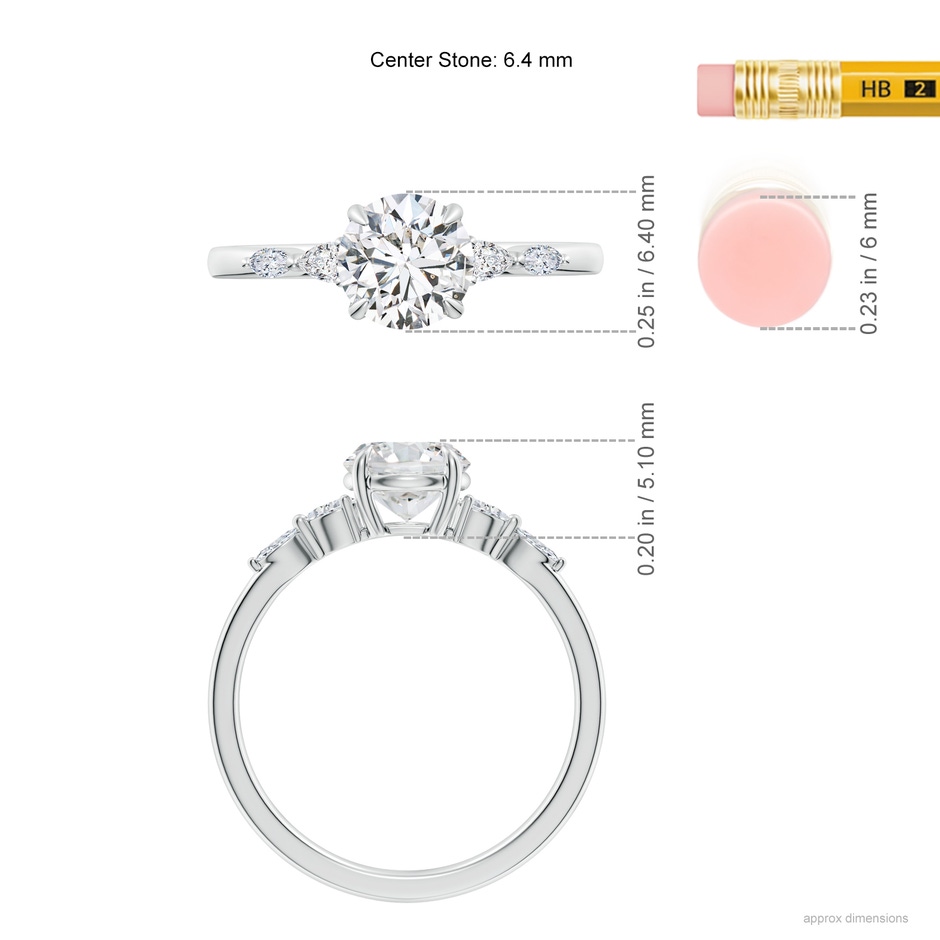 6.4mm HSI2 Round Diamond Side Stone Engagement Ring in White Gold ruler