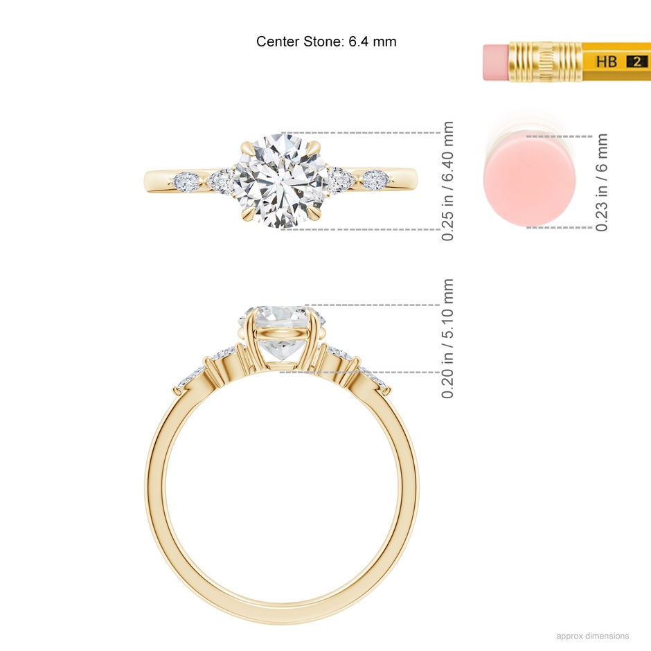6.4mm HSI2 Round Diamond Side Stone Engagement Ring in Yellow Gold ruler