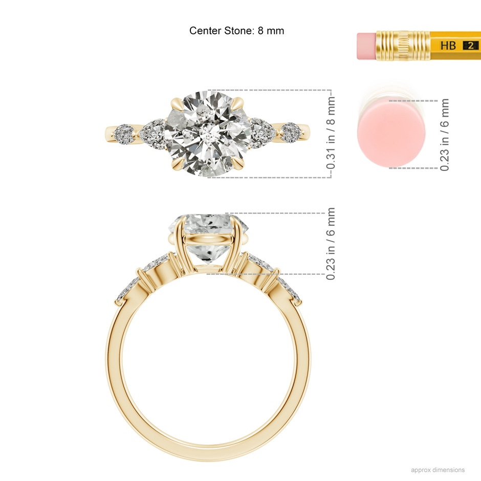 8mm KI3 Round Diamond Side Stone Engagement Ring in Yellow Gold ruler