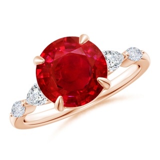 9mm AAA Round Ruby Side Stone Engagement Ring in Rose Gold