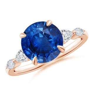 9mm AAA Round Blue Sapphire Side Stone Engagement Ring in 10K Rose Gold