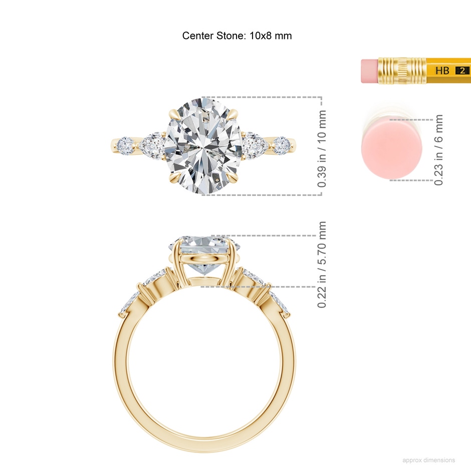 10x8mm HSI2 Oval Diamond Side Stone Engagement Ring in Yellow Gold ruler
