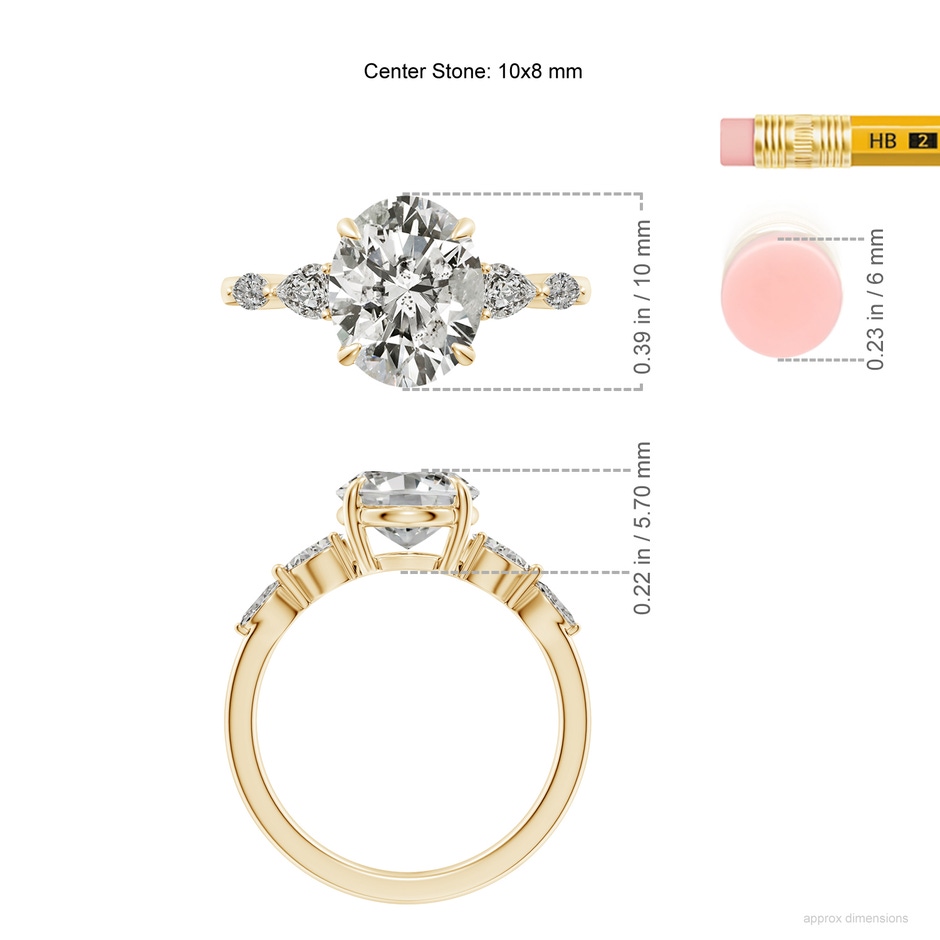 10x8mm KI3 Oval Diamond Side Stone Engagement Ring in Yellow Gold ruler