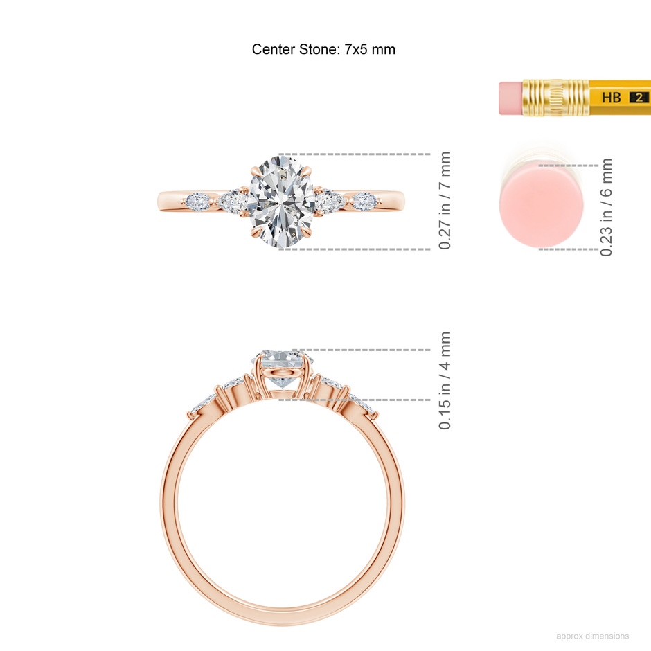 7x5mm HSI2 Oval Diamond Side Stone Engagement Ring in Rose Gold ruler