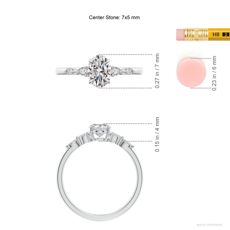 7x5mm IJI1I2 Oval Diamond Side Stone Engagement Ring in White Gold ruler