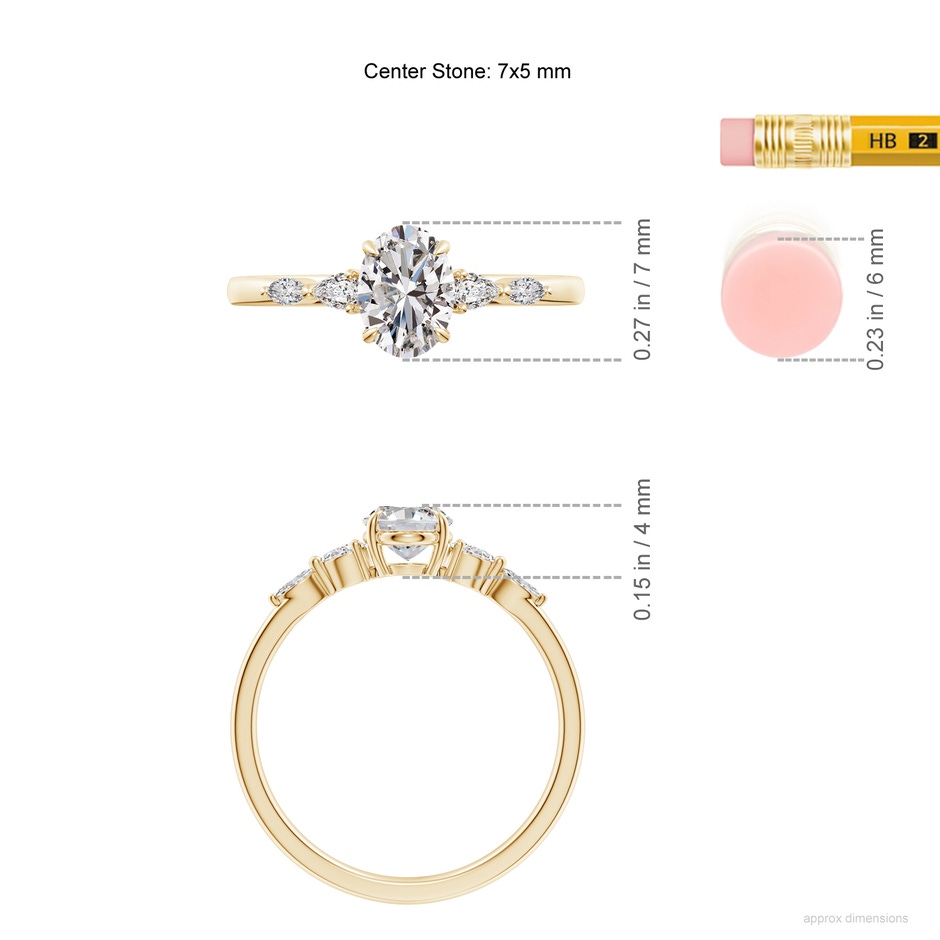 7x5mm IJI1I2 Oval Diamond Side Stone Engagement Ring in Yellow Gold ruler