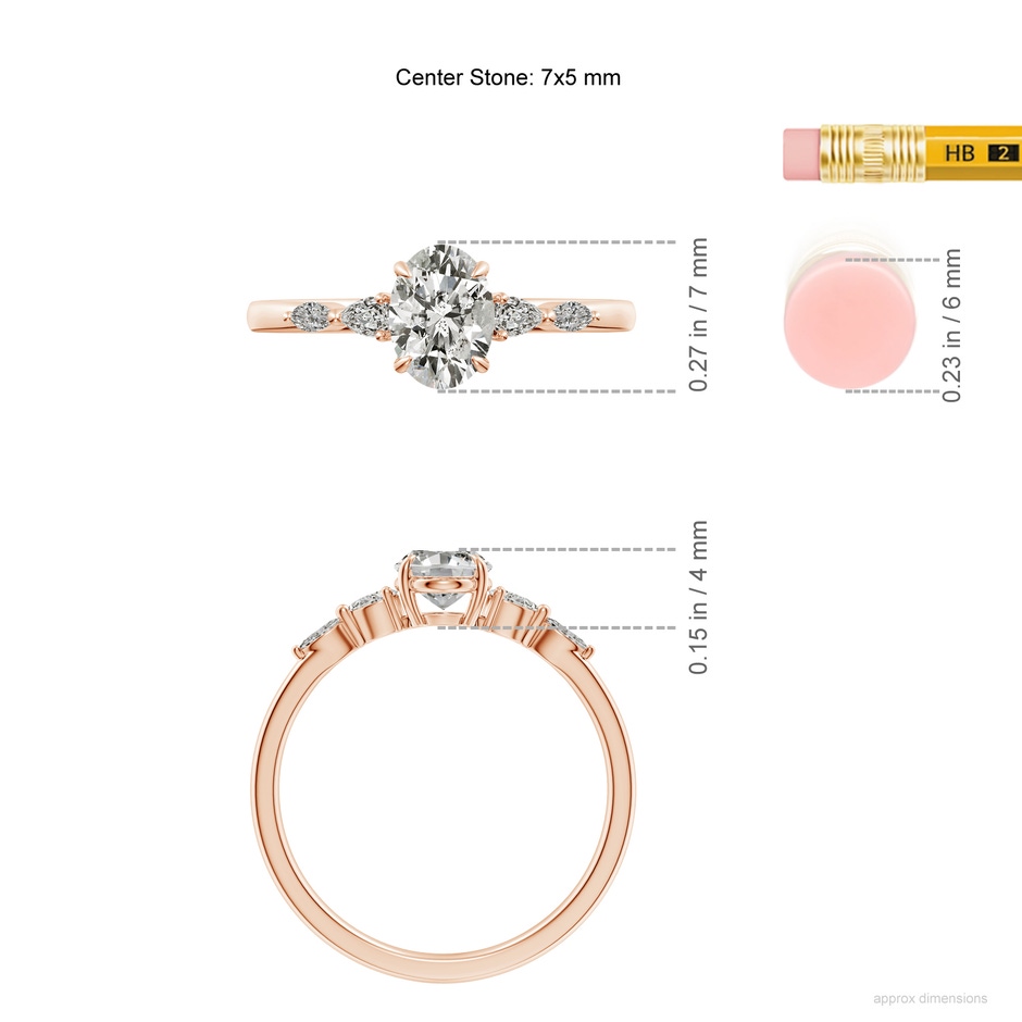 7x5mm KI3 Oval Diamond Side Stone Engagement Ring in Rose Gold ruler