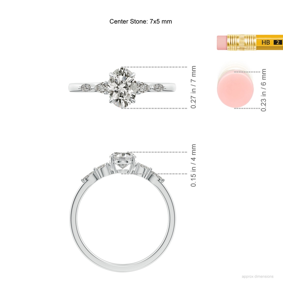 7x5mm KI3 Oval Diamond Side Stone Engagement Ring in White Gold ruler