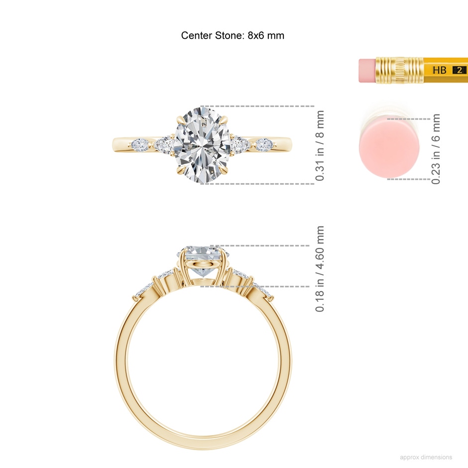 8x6mm HSI2 Oval Diamond Side Stone Engagement Ring in Yellow Gold ruler