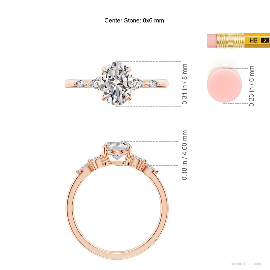8x6mm IJI1I2 Oval Diamond Side Stone Engagement Ring in Rose Gold ruler