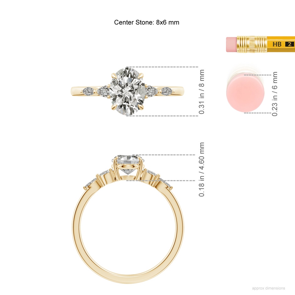8x6mm KI3 Oval Diamond Side Stone Engagement Ring in Yellow Gold ruler