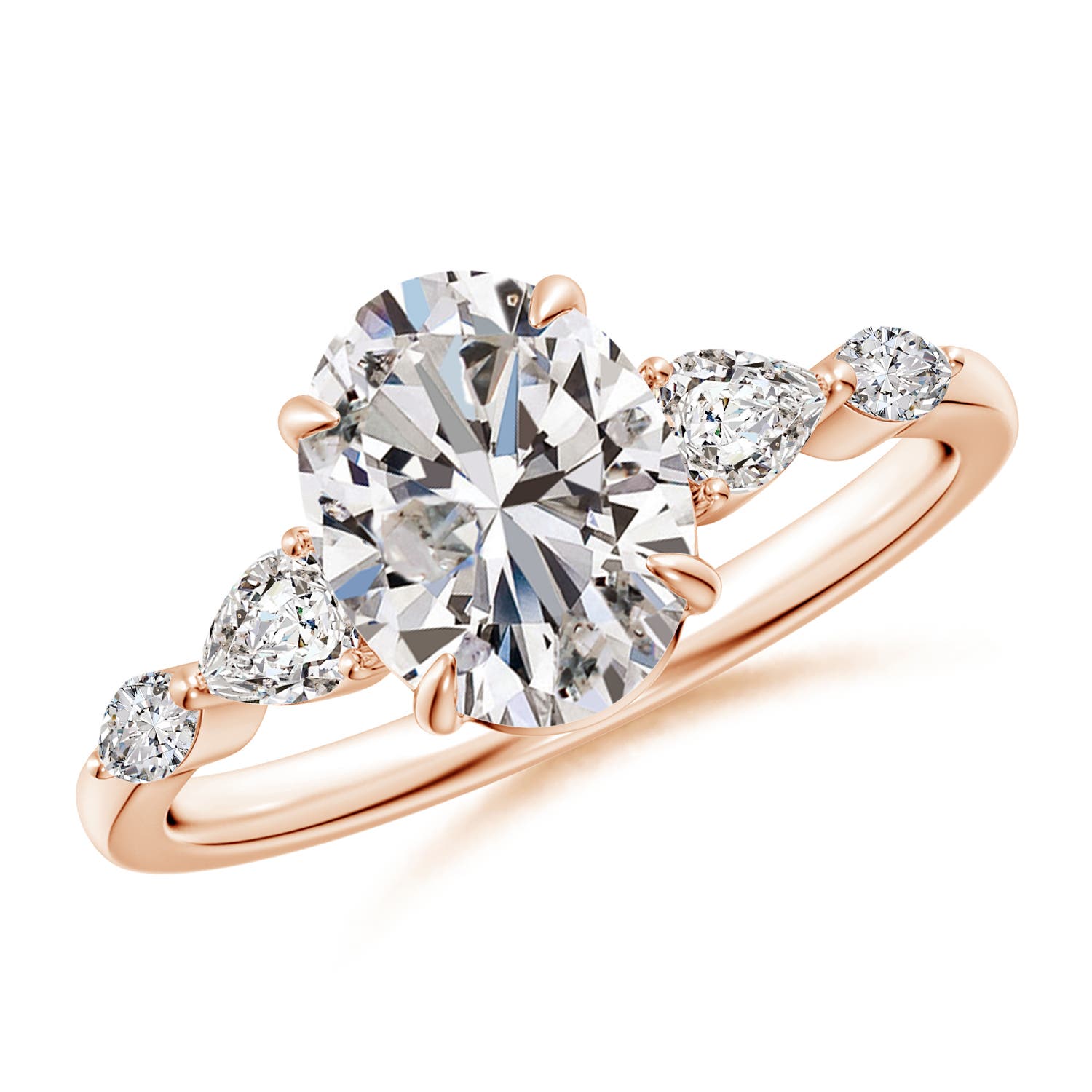 9x7mm IJI1I2 Oval Diamond Side Stone Engagement Ring in 18CT Rose Gold