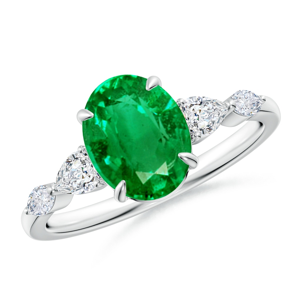 9x7mm AAA Oval Emerald Side Stone Engagement Ring in White Gold