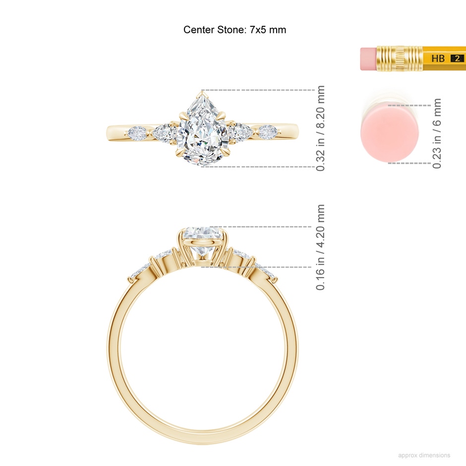 7x5mm GVS2 Pear-Shaped Diamond Side Stone Engagement Ring in Yellow Gold ruler