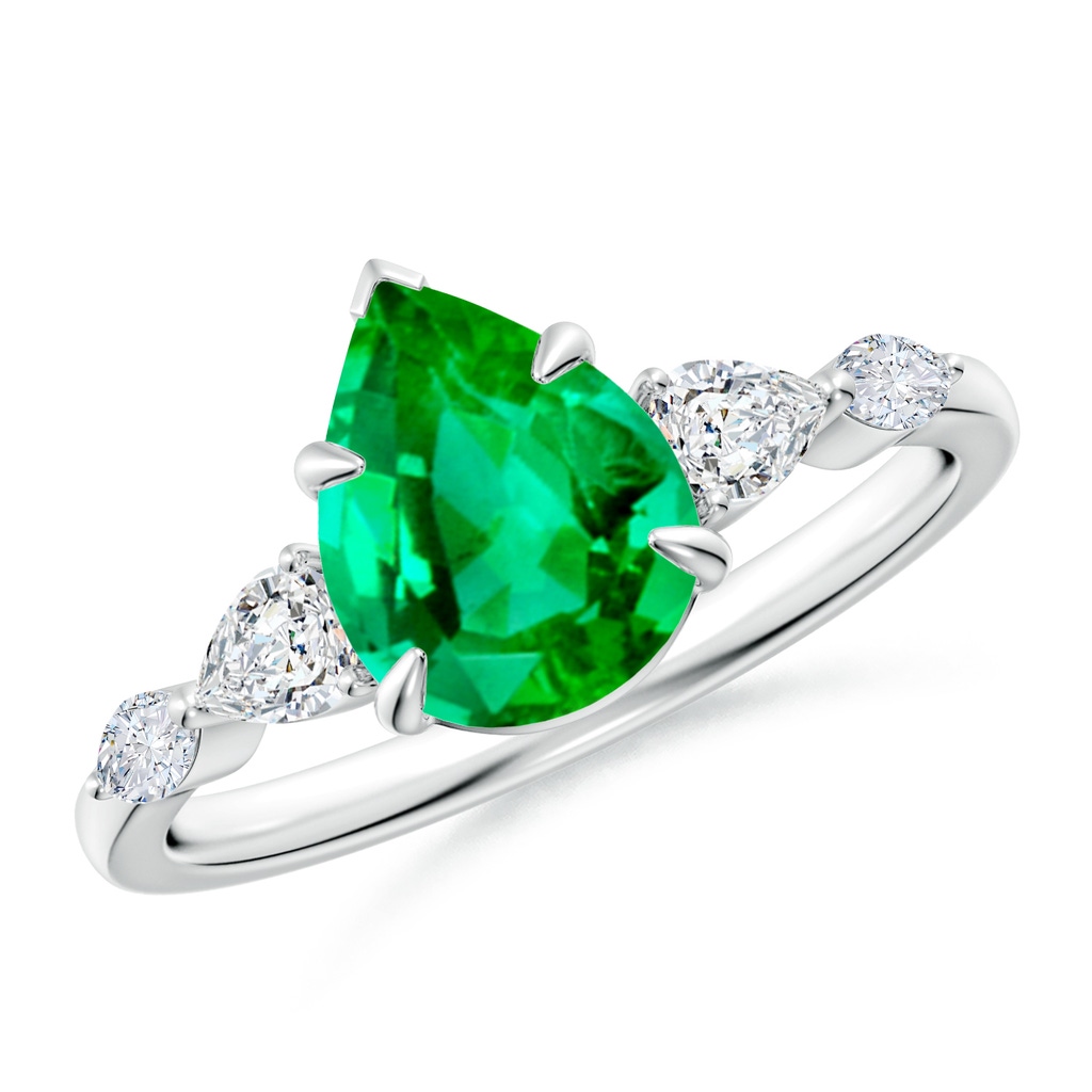 9x7mm AAA Pear-Shaped Emerald Side Stone Engagement Ring in White Gold