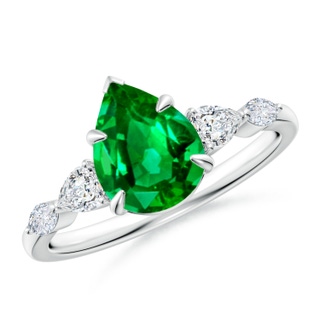 9x7mm AAAA Pear-Shaped Emerald Side Stone Engagement Ring in P950 Platinum