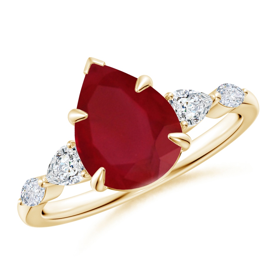 10x8mm AA Pear-Shaped Ruby Side Stone Engagement Ring in Yellow Gold 