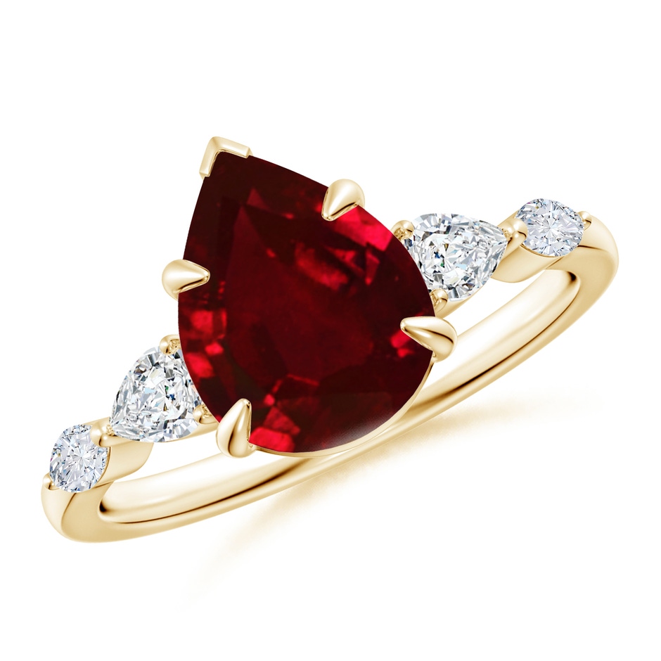 10x8mm AAAA Pear-Shaped Ruby Side Stone Engagement Ring in Yellow Gold 